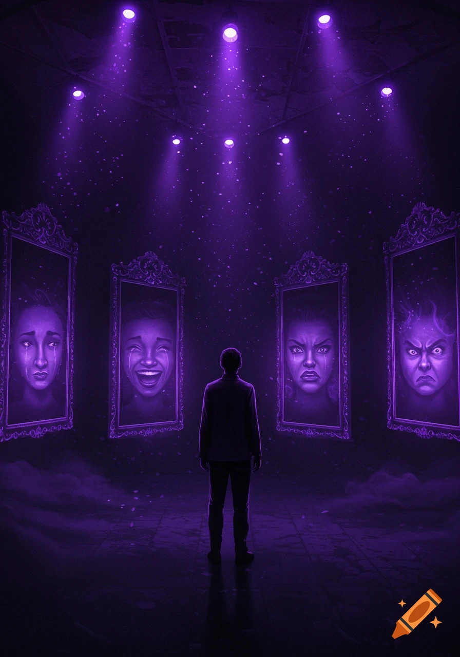 A man stands in a dark purple room, looking at ornate mirrors reflecting faces expressing sadness, joy, anger, and fear. Stylized illustration.