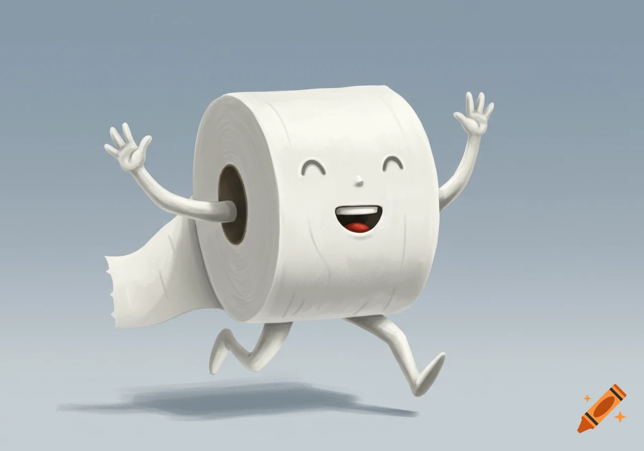 A happy, cartoon toilet paper roll with arms and legs waves as it runs against a plain light blue background.