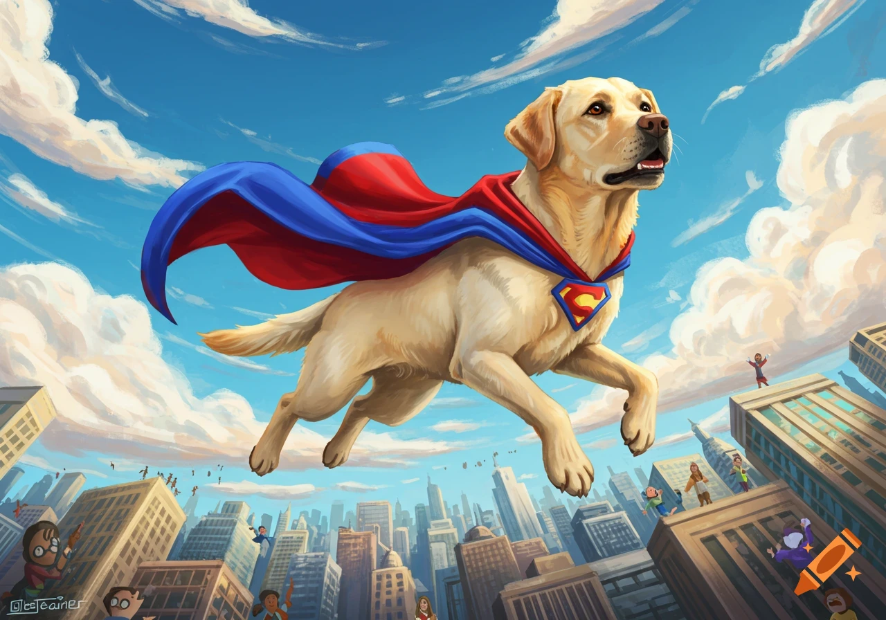 An illustration of a yellow Labrador retriever superhero, with a red and blue cape and S-shield, flying high over a city as people look up.