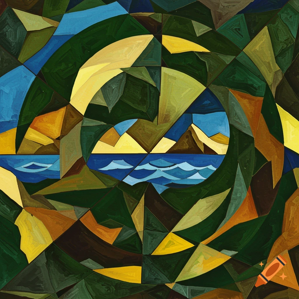 Abstract geometric painting of a landscape with mountains, water, and sky in shades of green, blue, yellow, and brown.