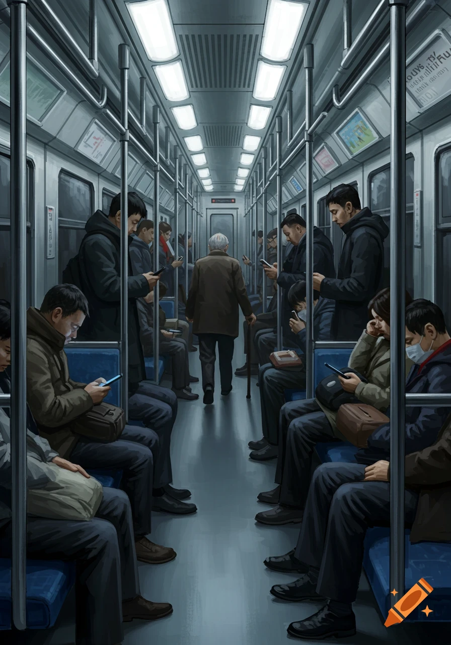 A crowded subway car with commuters, many engrossed in their smartphones, as an elderly man walks down the aisle.