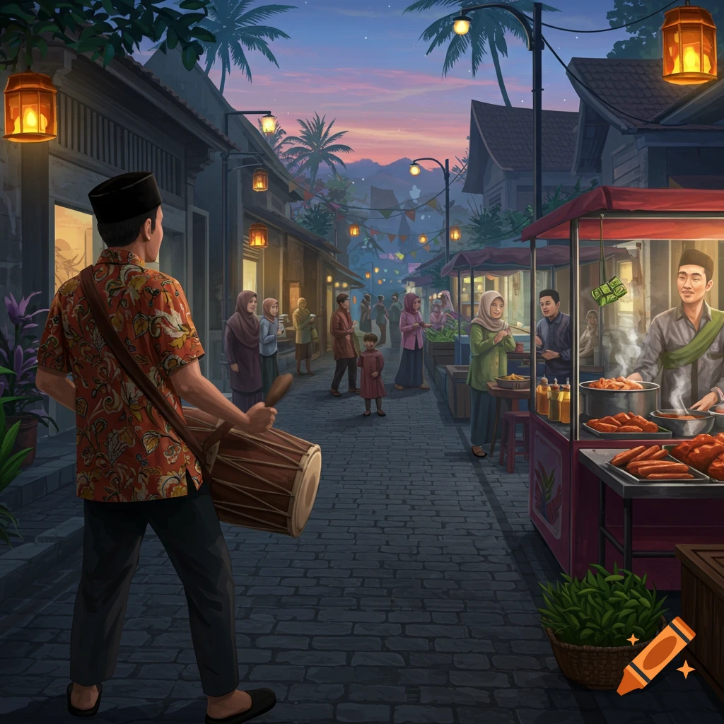 Illustrated street scene at dusk with a man playing a drum, food stalls, and people.
