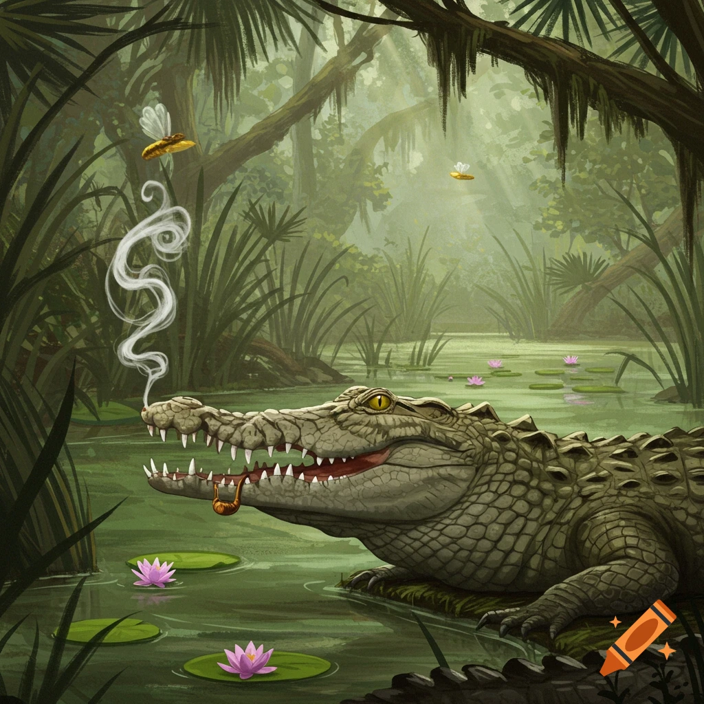 A cartoon crocodile with a pipe in its mouth exhales smoke in a lush green swamp with lily pads and fireflies.