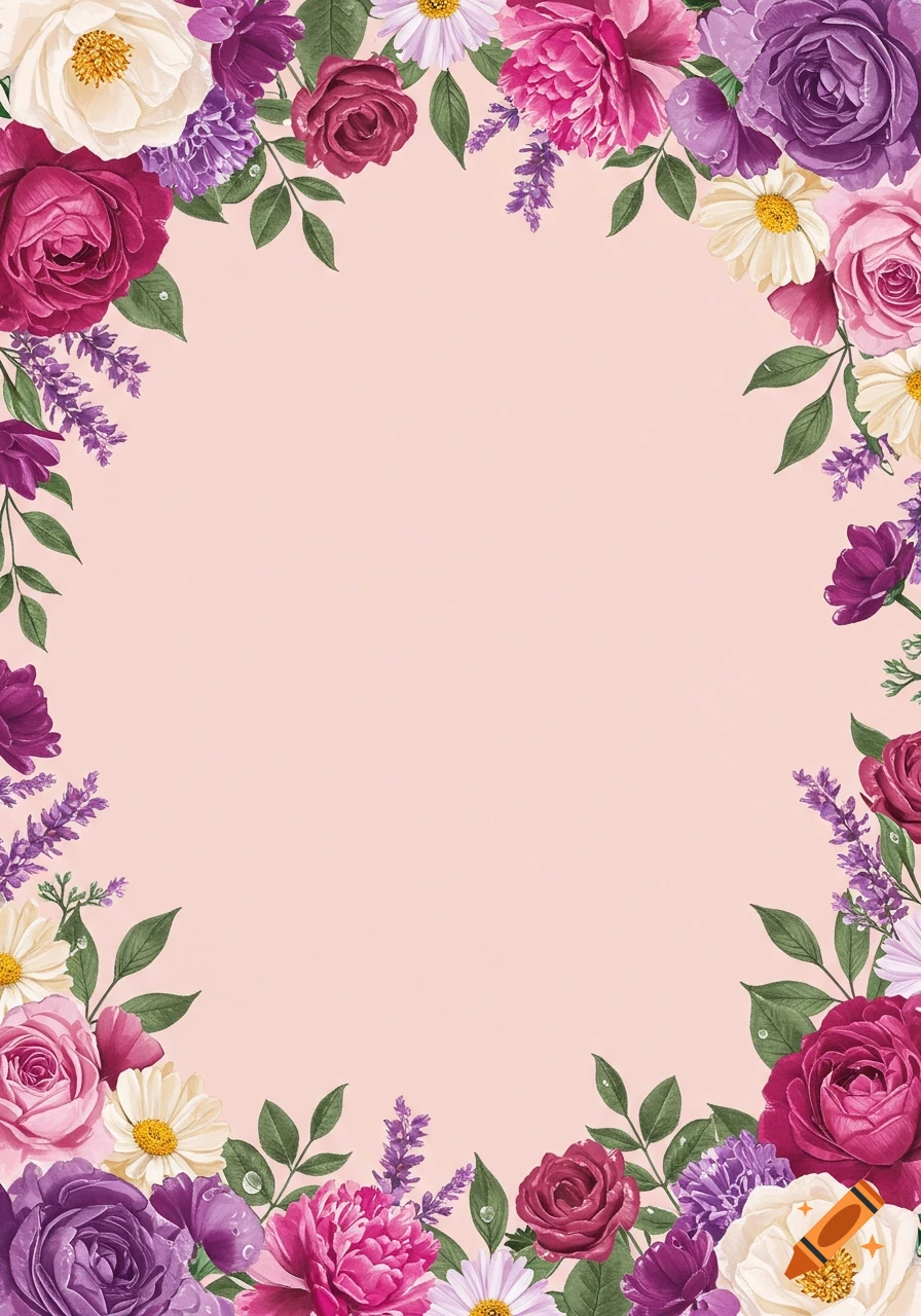 A pink background with an ornate border of purple, pink, white, and red flowers and green leaves.