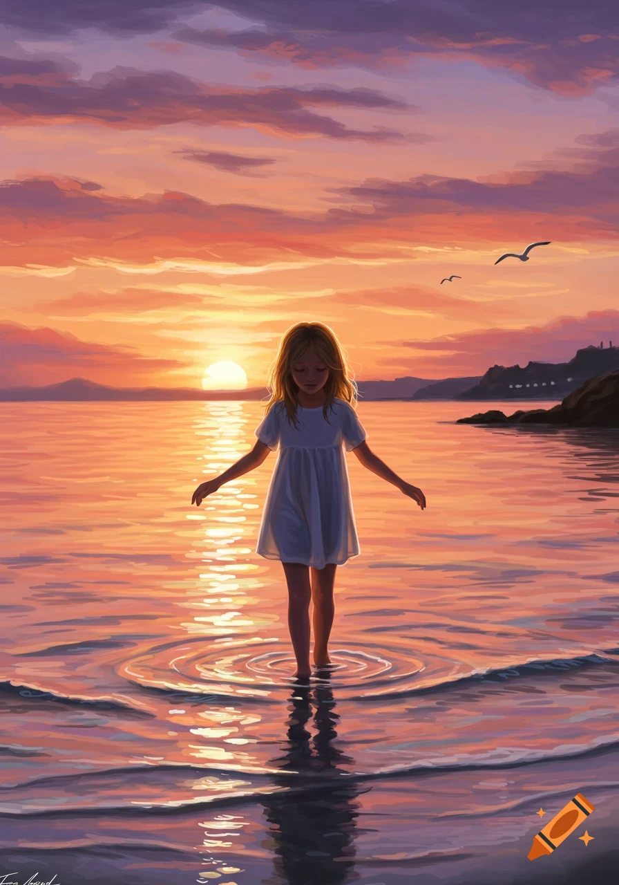 A young girl in a white dress wades in shallow water at a beach during a beautiful orange and purple sunset, painted style.