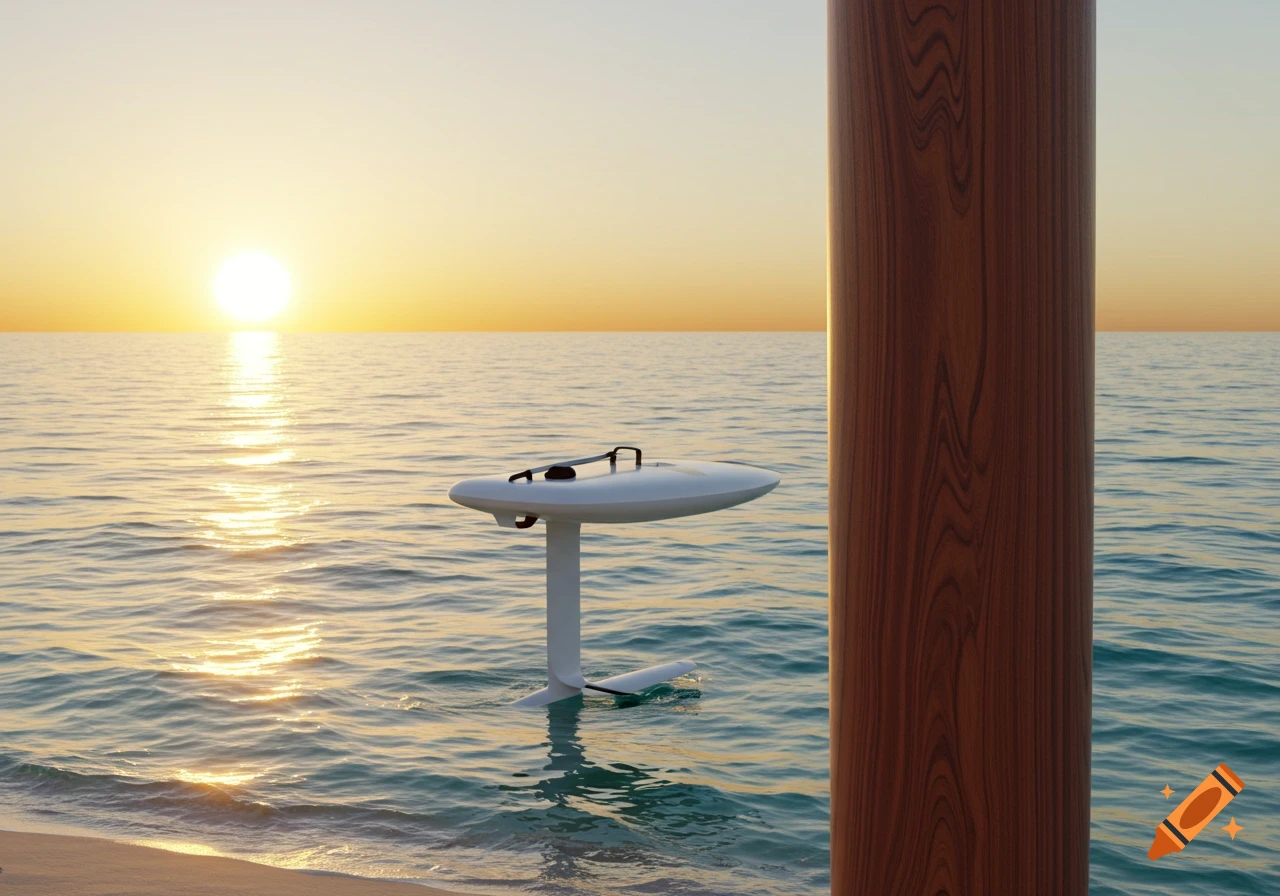 A white wing foil mast sits in the shallow ocean water near a sandy beach at sunset, with a large wooden pole on the right.