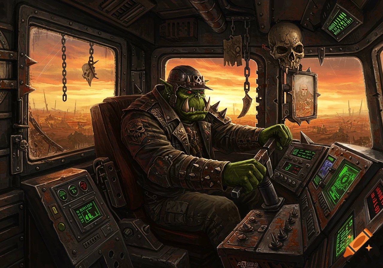 Ghazkull Thraka, a Warhammer 40K orc, sits in a rugged truck cockpit, driving through a post-apocalyptic orange landscape.