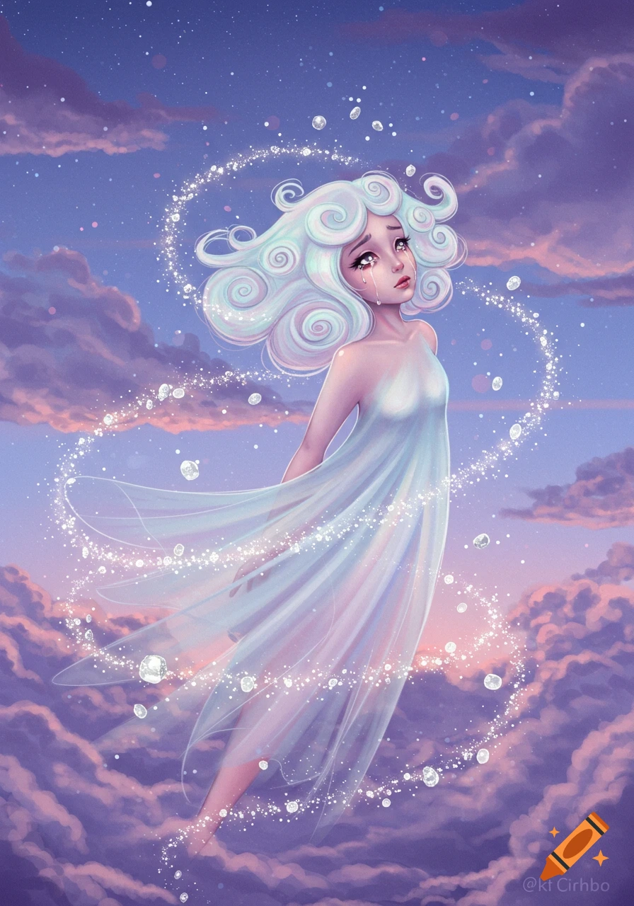 Crying woman with cloud-like blue hair in a sheer dress floats among pink and purple clouds in a starry sky with glittering magic.