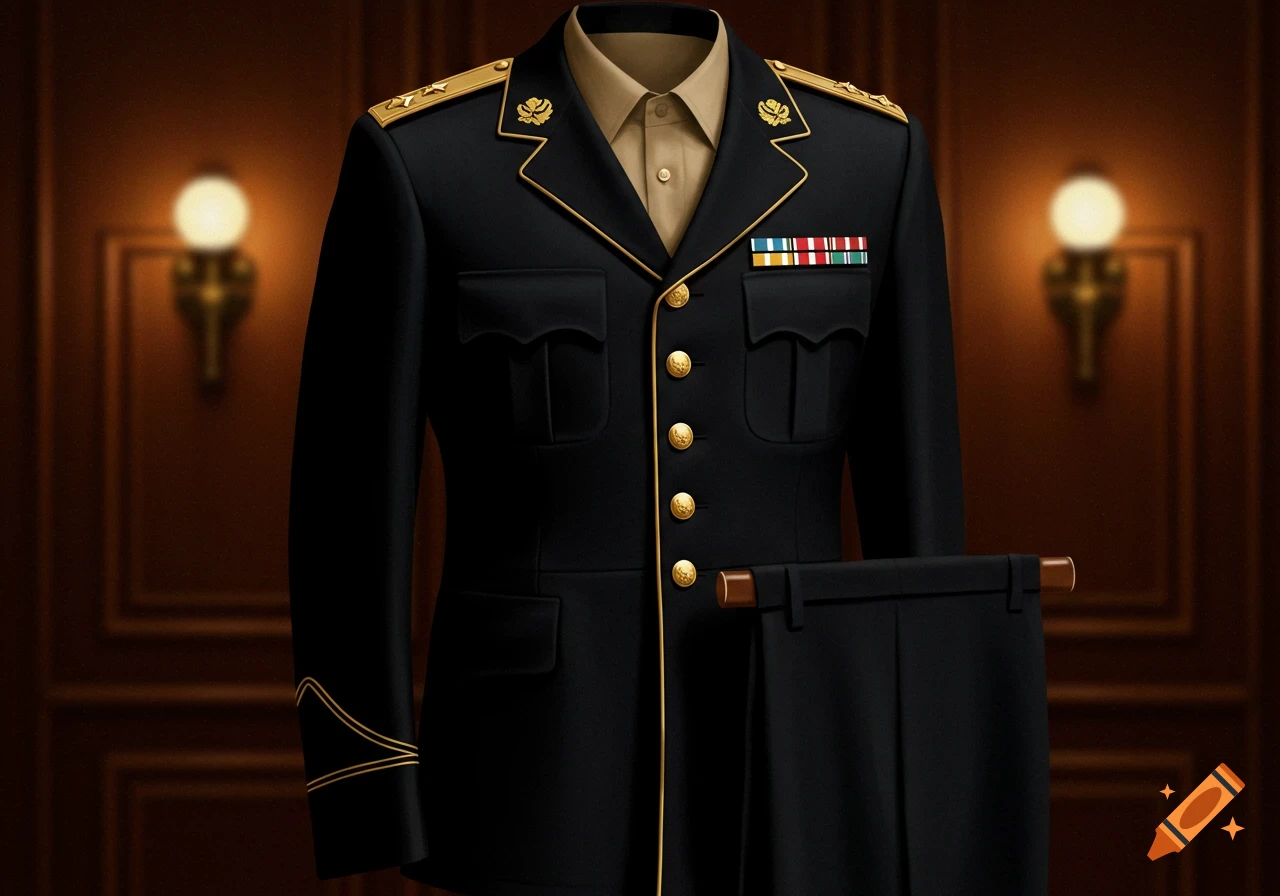 A black military uniform jacket with gold trim, gold buttons, and a tan shirt, displayed with matching black pants.
