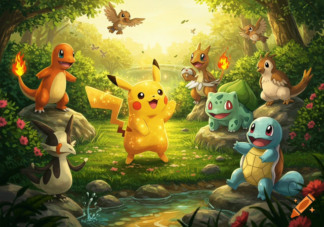 Pikachu, Charmander, Bulbasaur, Squirtle, and Pidgey gather by a stream in a sunny, vibrant forest clearing in a stylized art style.