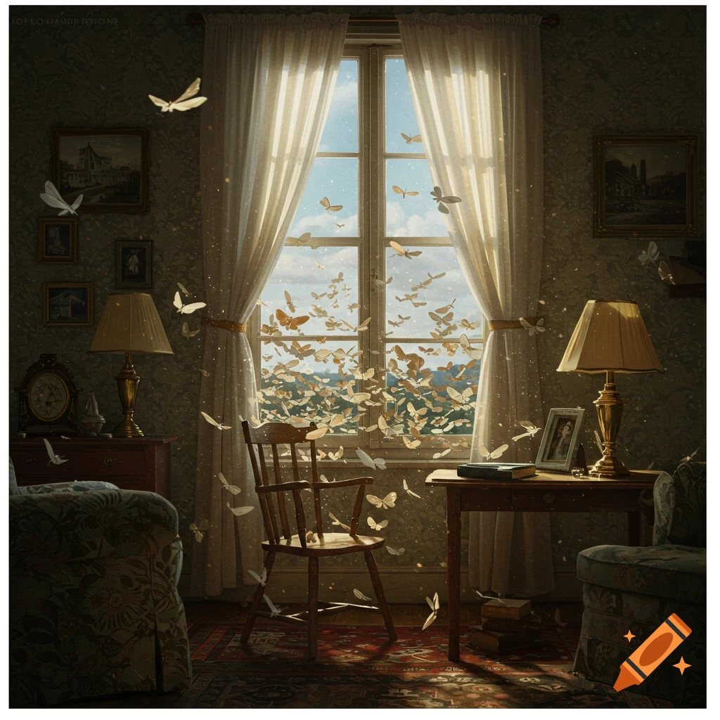 A sunlit room with sheer curtains, a wooden chair, and furniture, as a swarm of moths and butterflies flies in through a window.