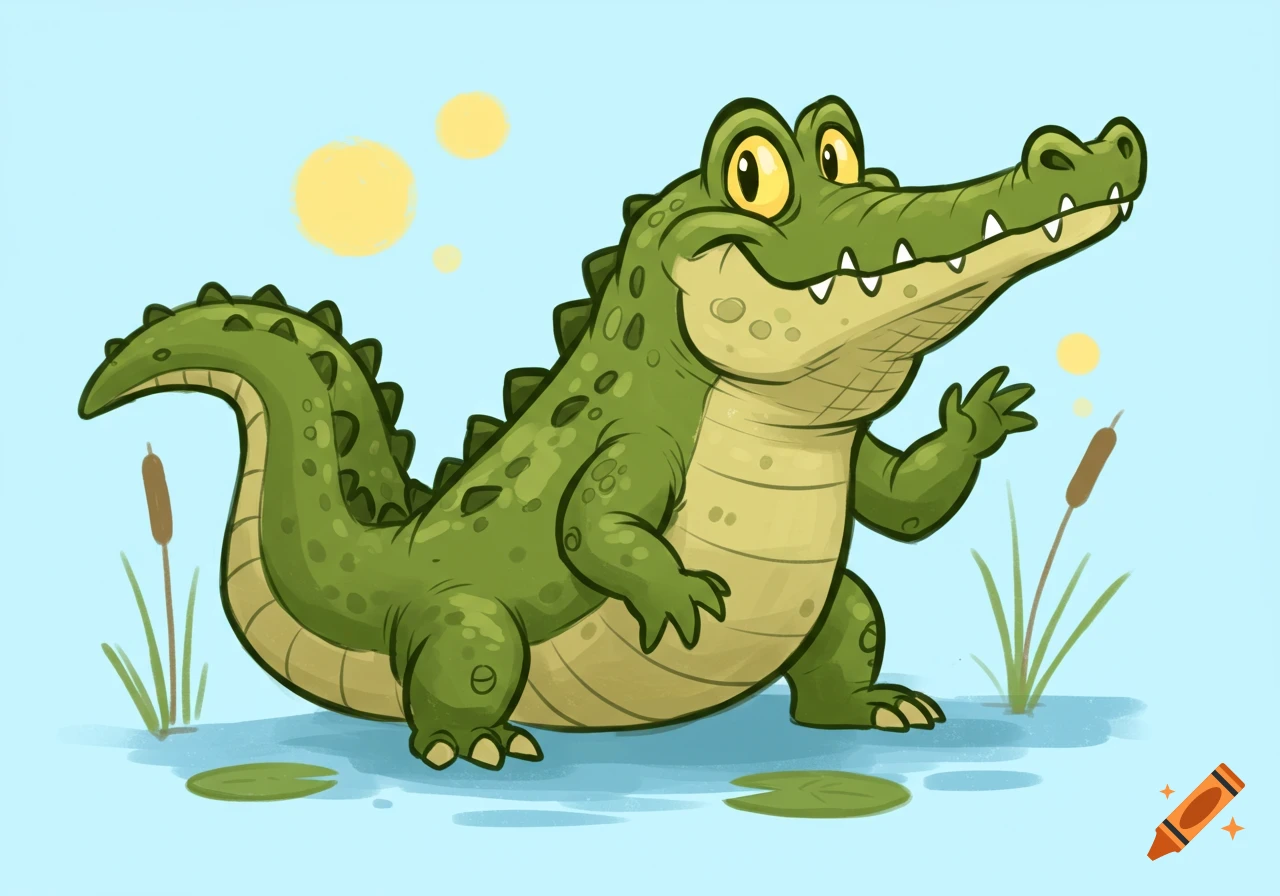 A friendly cartoon alligator with large yellow eyes smiles and waves a hand in a swampy pond with lily pads and cattails.
