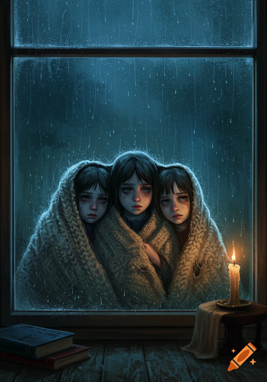 Three sad children bundled in blankets look out a window at a rainy night, illuminated by a candle next to a stack of books.