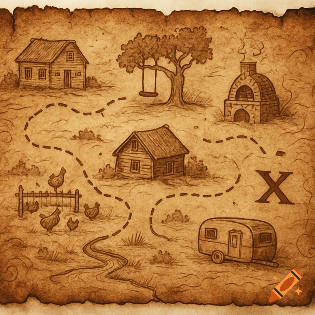 An antique-style treasure map on parchment with hand-drawn illustrations of houses, a tree, a caravan, a chicken coop, and an X.