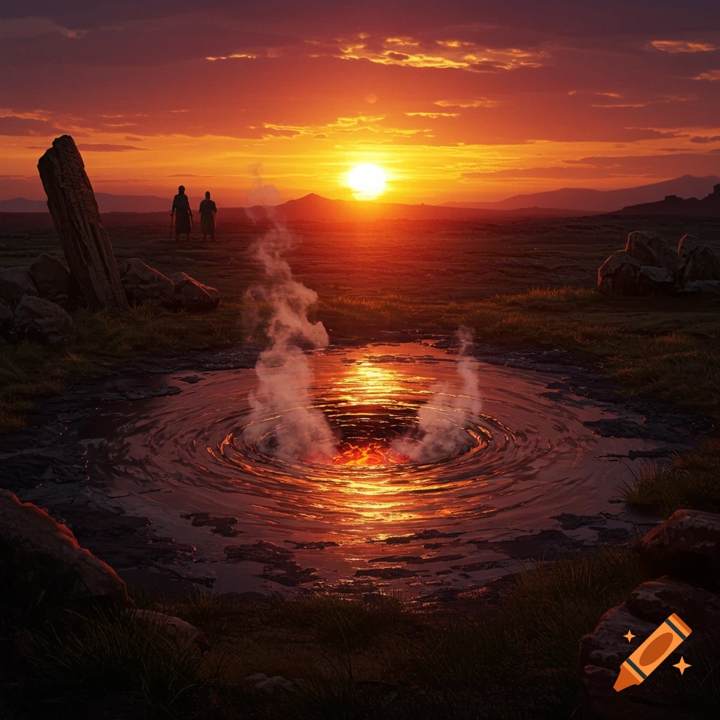 A dramatic sunset over a muddy field with a steaming hot spring. Two silhouetted figures stand in the distance near a large rock.