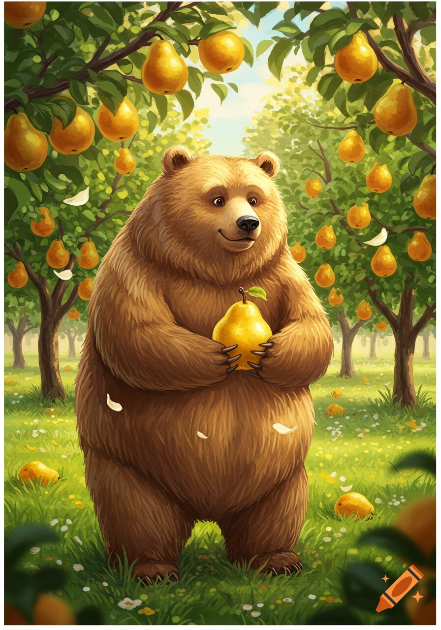 A cheerful brown bear stands in a sunny pear orchard, holding a large yellow pear. Illustrated in a whimsical cartoon style.