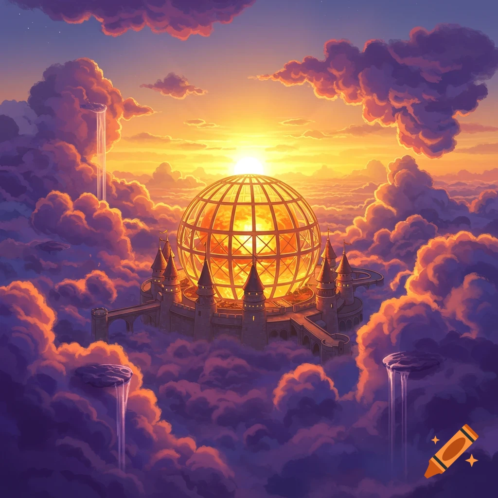 A vibrant fantasy castle with a glowing spherical sun centerpiece, nestled among purple and indigo clouds at sunset, with ethereal waterfalls.