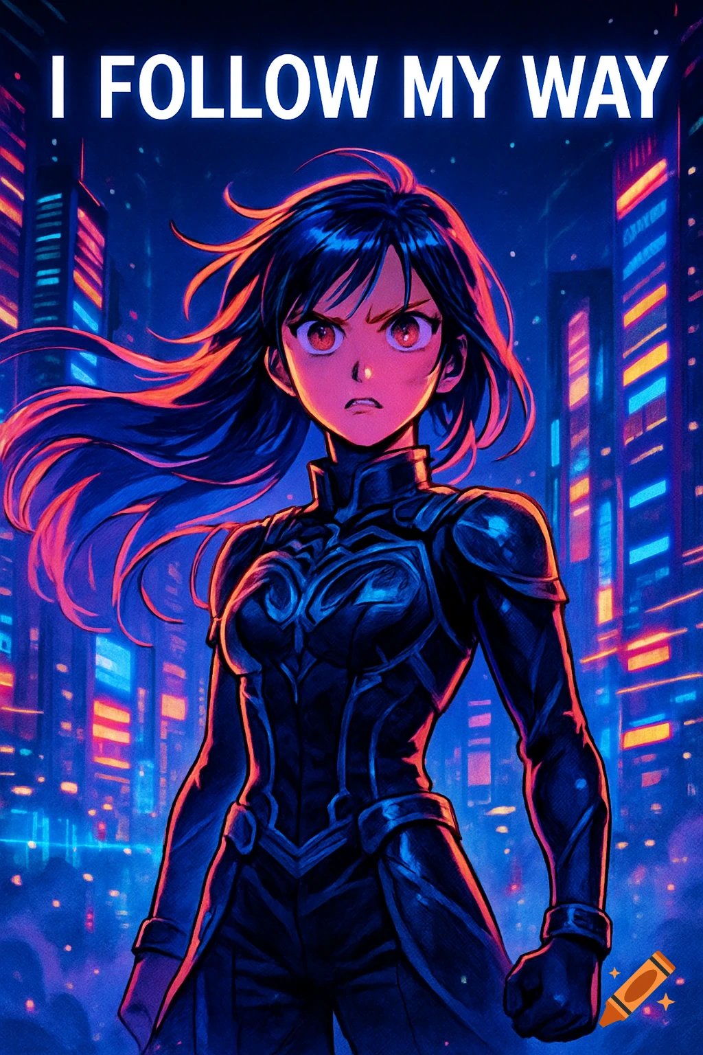 Anime heroine in dark armor standing in a neon city, with text 'I FOLLOW MY WAY'.