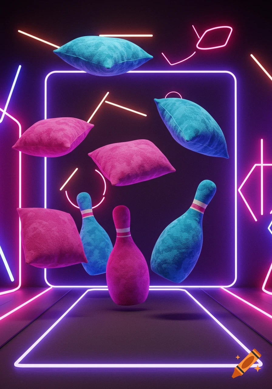 Pillows and bowling pins float amidst neon lights in a dark, abstract scene.
