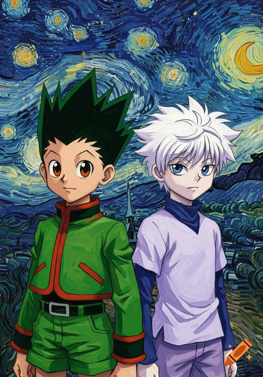 Anime characters Gon and Killua from Hunter x Hunter standing in a landscape painted in Van Gogh's The Starry Night style.