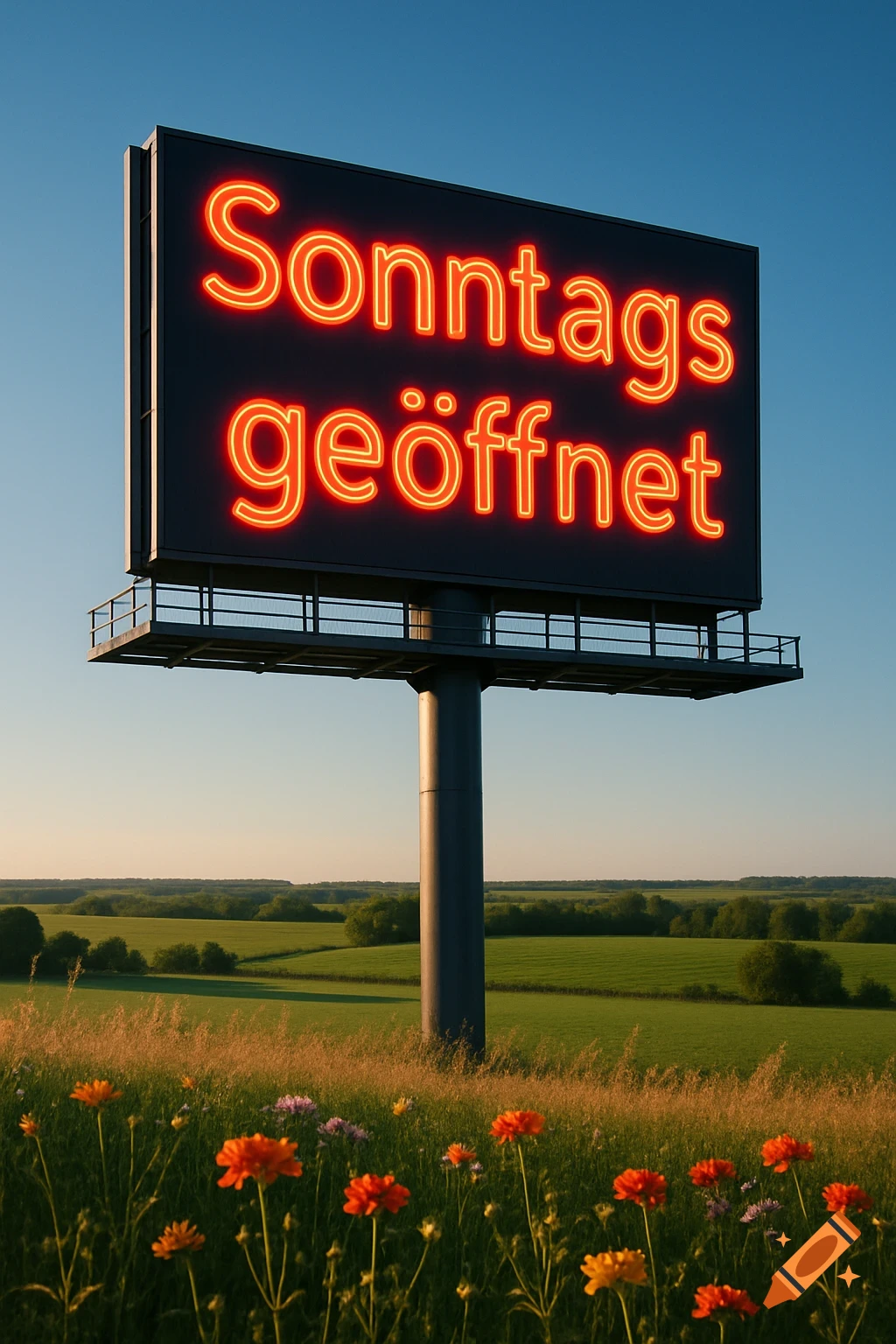 Photorealistic image of a large billboard displaying 'Sonntags geöffnet' in neon, set in a sunny field with green trees and colorful wildflowers.