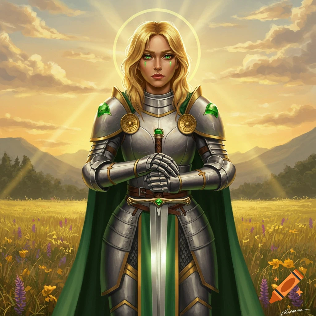 A blonde woman paladin in silver and green armor stands in a golden field at sunset, holding a sword, with a halo.