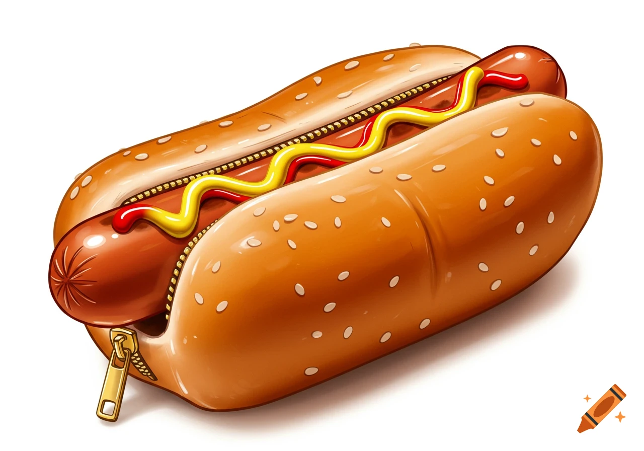 An illustrated hotdog in a bun with mustard and ketchup, partially unzipped with a gold zipper on a white background.