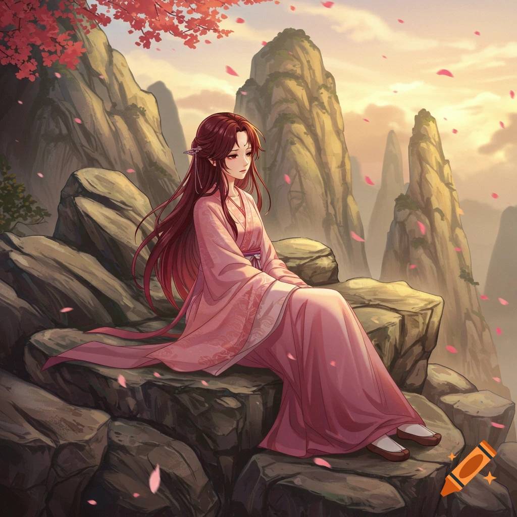 Anime girl with long burgundy hair in a pink ancient Chinese outfit sitting on a rocky hill with mountains and red leaves in the background.