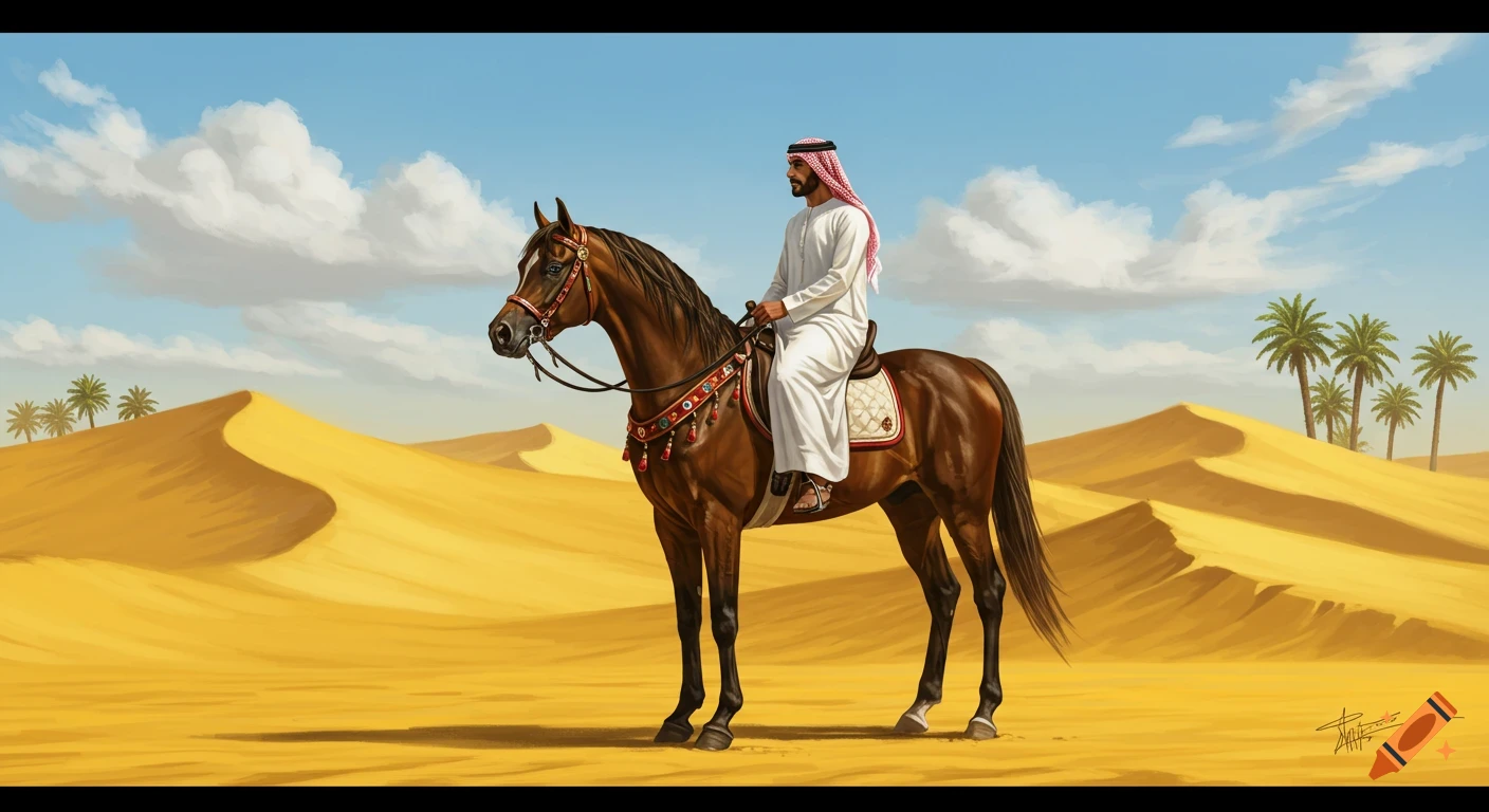 A man in white thobe and keffiyeh riding a brown Arabian horse in a sunny desert with sand dunes and palm trees. Digital art.