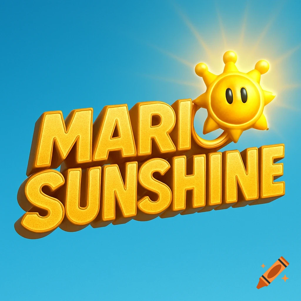 3D yellow text logo for 'MARIO SUNSHINE' with a smiling sun character in a blue sky.