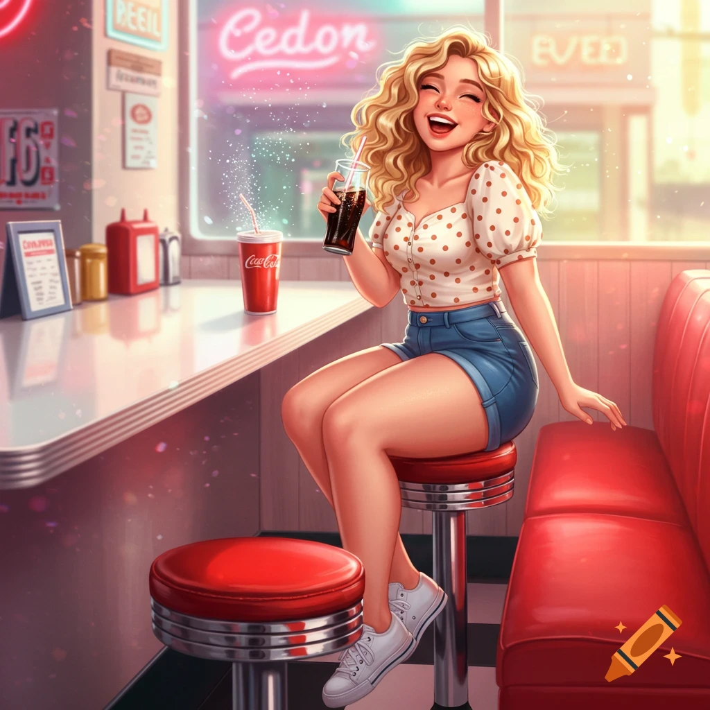 A happy blonde cartoon girl with curly hair sits on a red stool at a diner counter, holding a glass of soda with a straw.