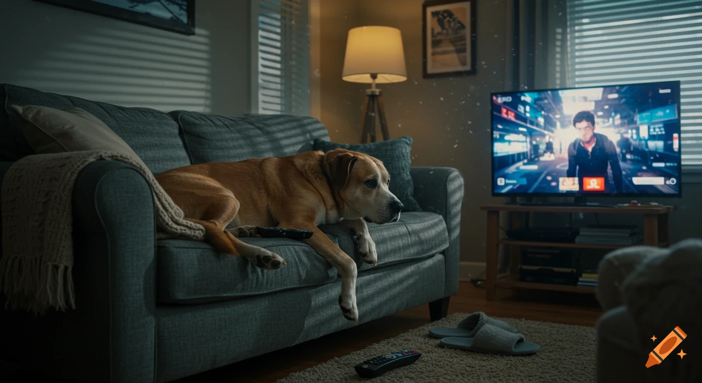 A relaxed brown and white dog lies on a gray sofa, looking at a TV playing a video game in a dimly lit living room.