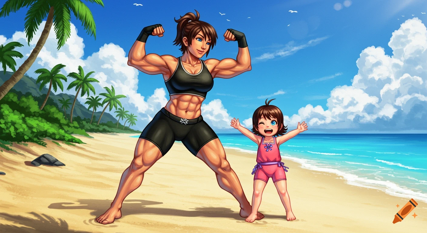 A muscular woman flexes her biceps at the beach while a happy child stands next to her, anime style.