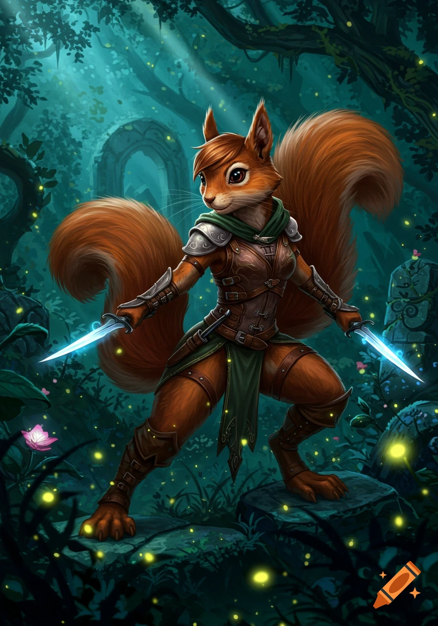 Fantasy illustration of an anthropomorphic female squirrel assassin in leather armor, wielding glowing daggers in a mystical forest.