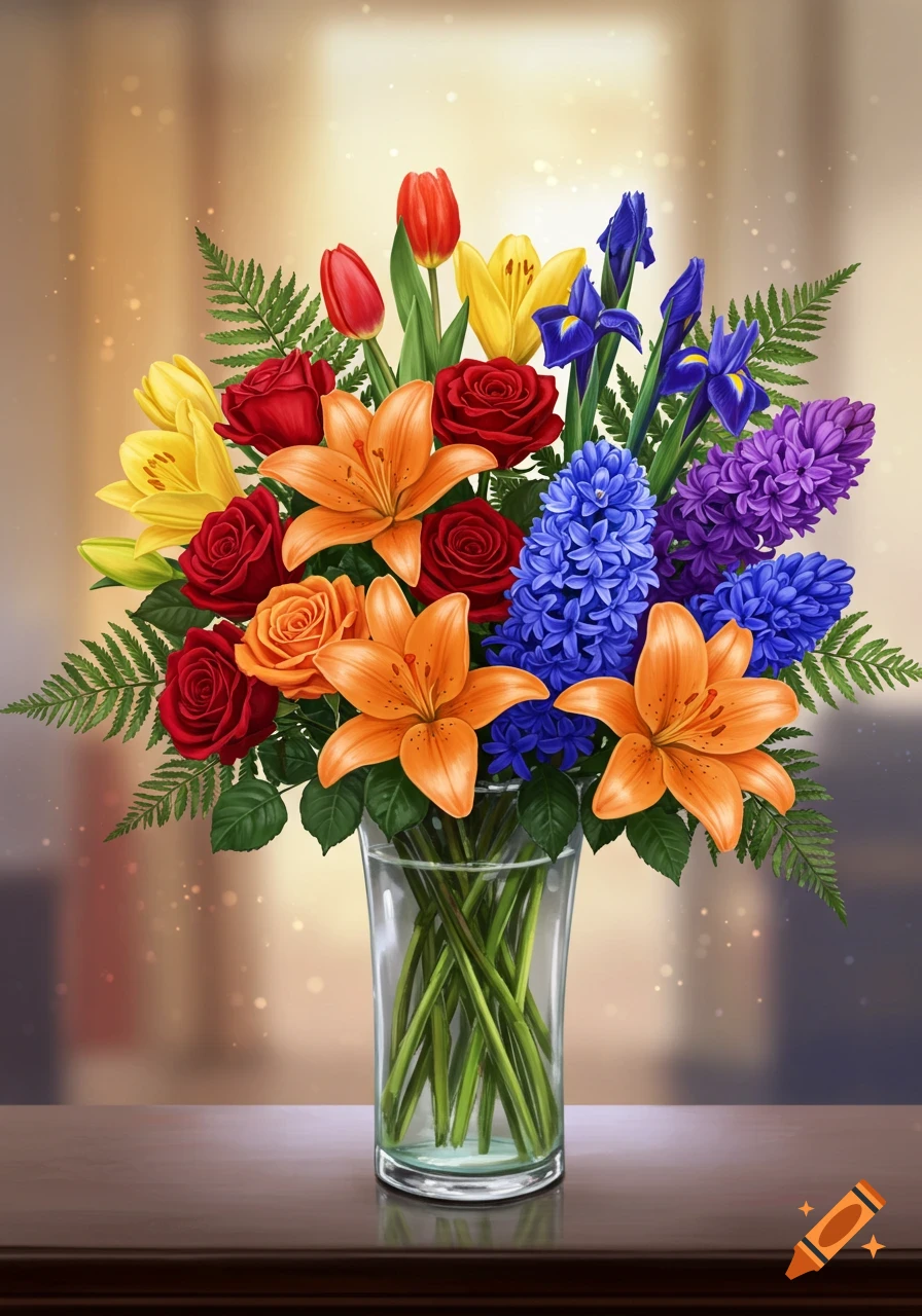 A vibrant floral arrangement in a glass vase, featuring red roses, orange lilies, yellow tulips, blue hyacinths, purple hyacinths, and blue irises.
