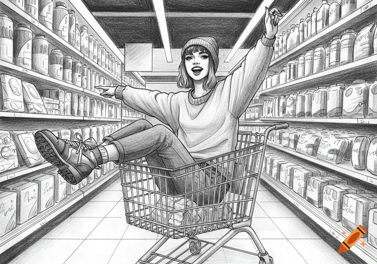 A black and white sketch of a young woman with a beanie, sitting happily in a supermarket trolley in an aisle filled with products.