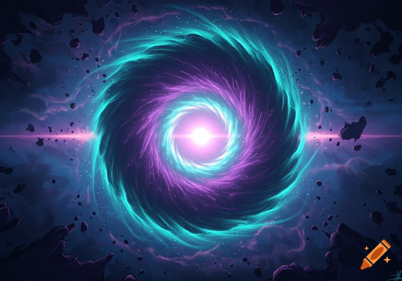 A vibrant purple and teal glowing vortex in space, surrounded by asteroids and cosmic dust.