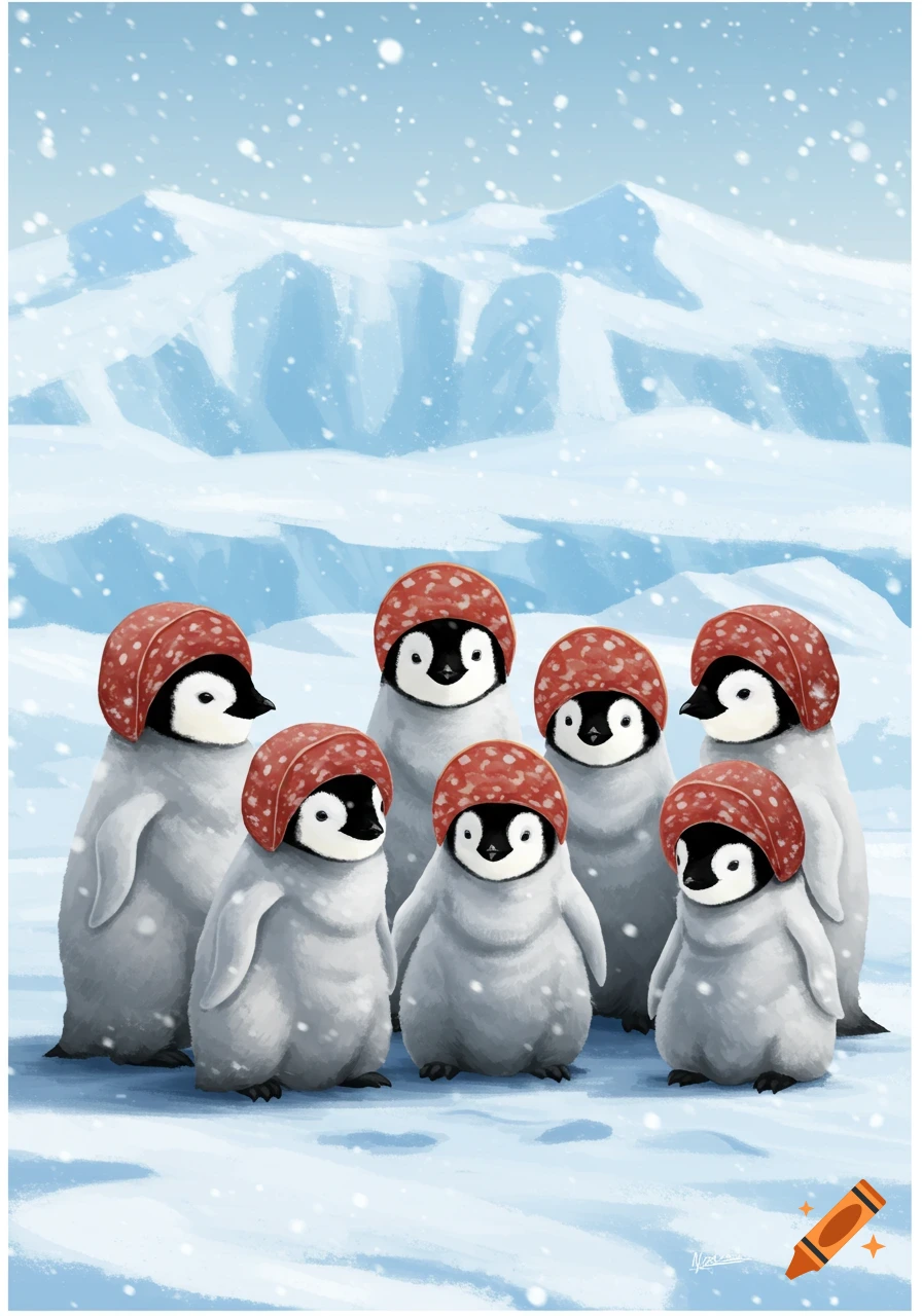 Illustration of seven baby penguins wearing salami hats in a snowy, mountainous landscape.
