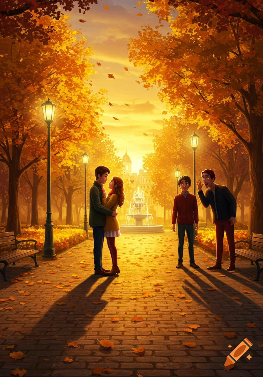 Illustrated scene of an embracing couple in an autumn park while two men gossip behind them, with a fountain and lamps in the background.