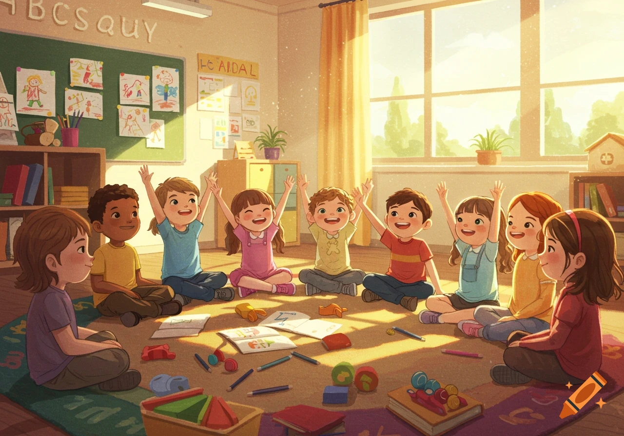 Diverse kindergarten children sitting in a circle with hands raised in a sunlit classroom, drawn in an illustrative style.