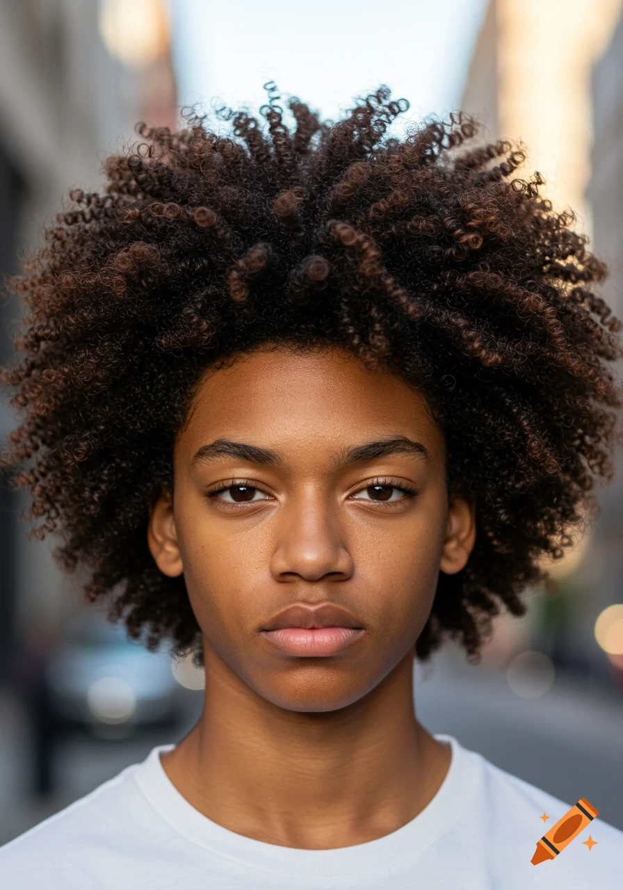Photorealistic portrait of a mixed race teen with a mini afro, hollow cheeks, and a sharp jawline, outdoors.