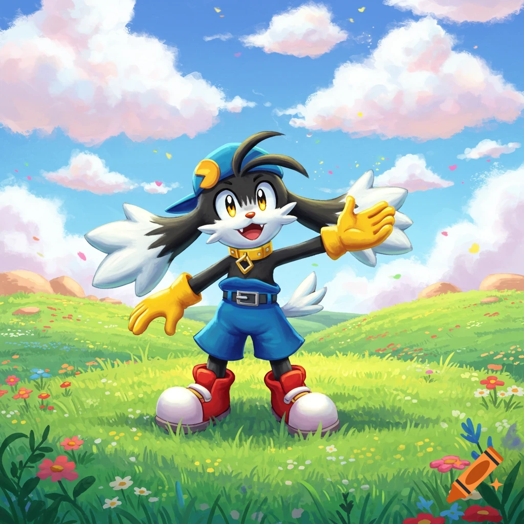A cheerful black and white rabbit-like cartoon character with long ears, blue cap, shorts, and yellow gloves stands in a green field with flowers under a blue sky.