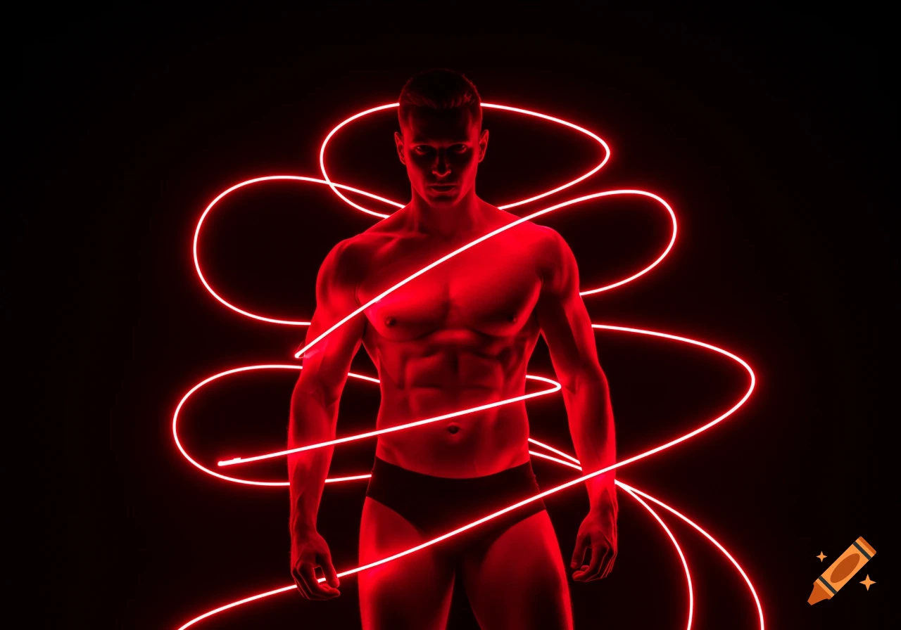 A muscular man in underwear, illuminated by red neon light trails against a black background.