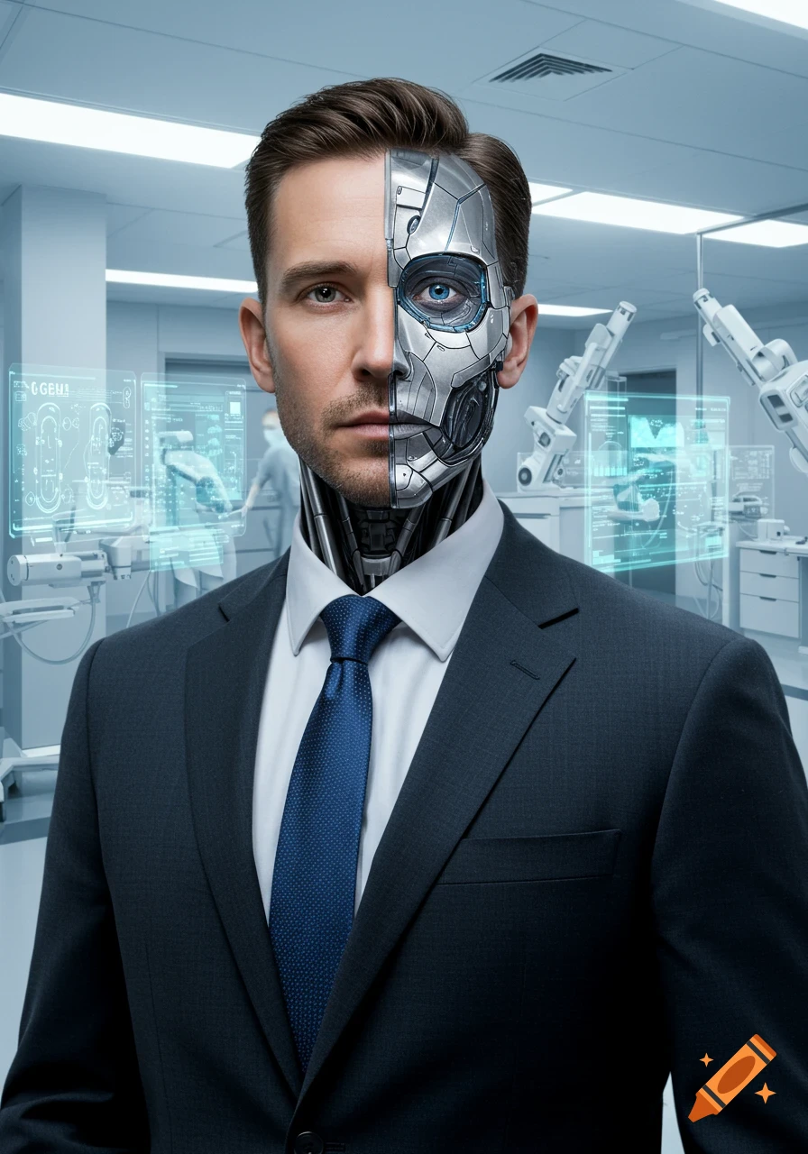 A photorealistic portrait of a man, half human and half cyborg, wearing a suit in a modern medical facility with holographic screens.