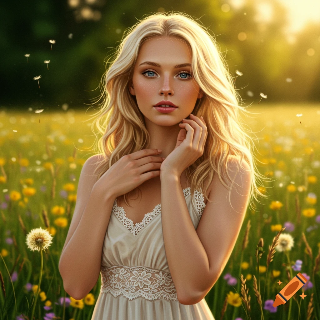 A photorealistic portrait of a blonde woman in a camisole dress, posing in a sunny field of wildflowers with dandelion seeds floating.