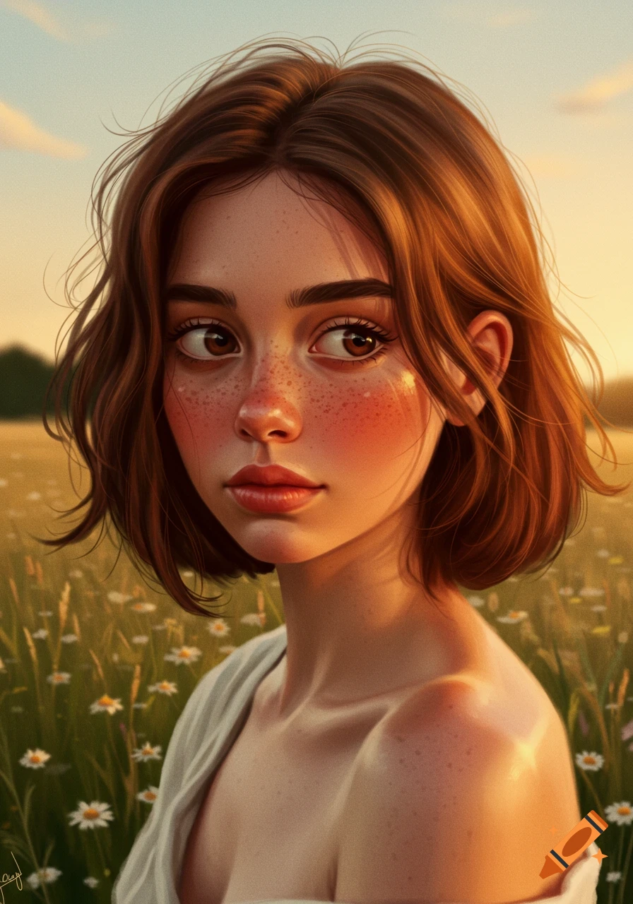 Stylized portrait of a young woman with brown bob hair and freckles in a field of daisies at sunset.