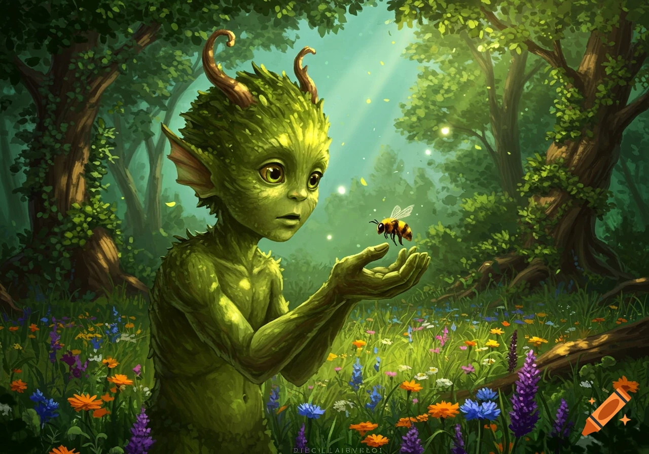 A green, horned forest creature looks at a bee hovering over its hands in a lush, sun-dappled forest of wildflowers.
