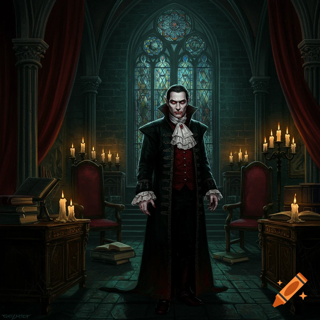 A pale male vampire in a black coat and ruffled shirt stands in a candlelit gothic chamber with stained glass windows. Oil painting style.