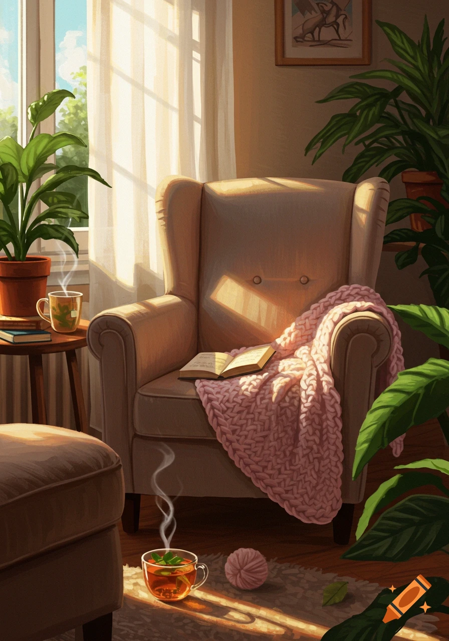 A cozy armchair in a sunlit room with plants, a pink blanket, a book, and two steaming cups of tea in a painterly style.