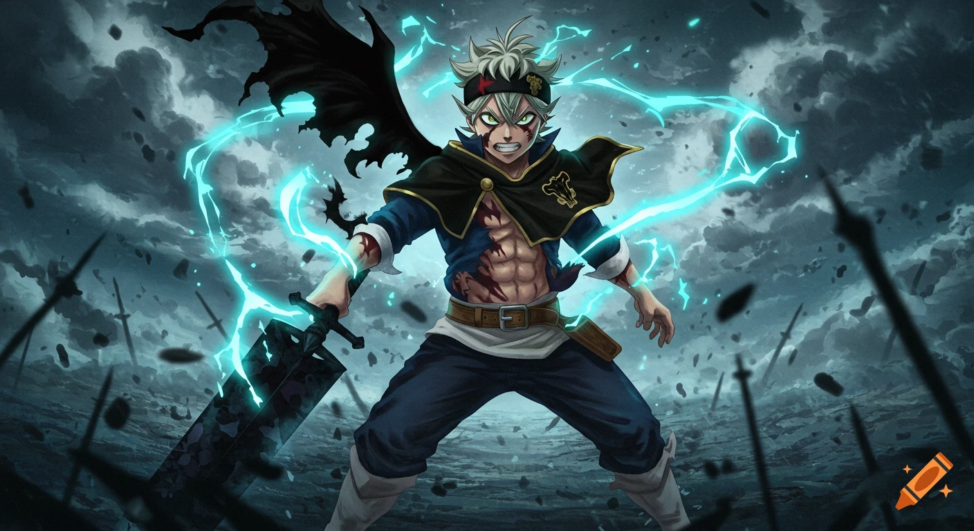Asta from Black Clover, in a battle-ready stance with a huge sword and glowing blue energy, on a stormy battlefield.